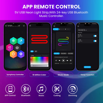 DC5V USB RGB LED Round Neon Light Strip Music Sync Control with App/Remote Addressable Lamp IP67 Waterproof for Indoor Outdoor.