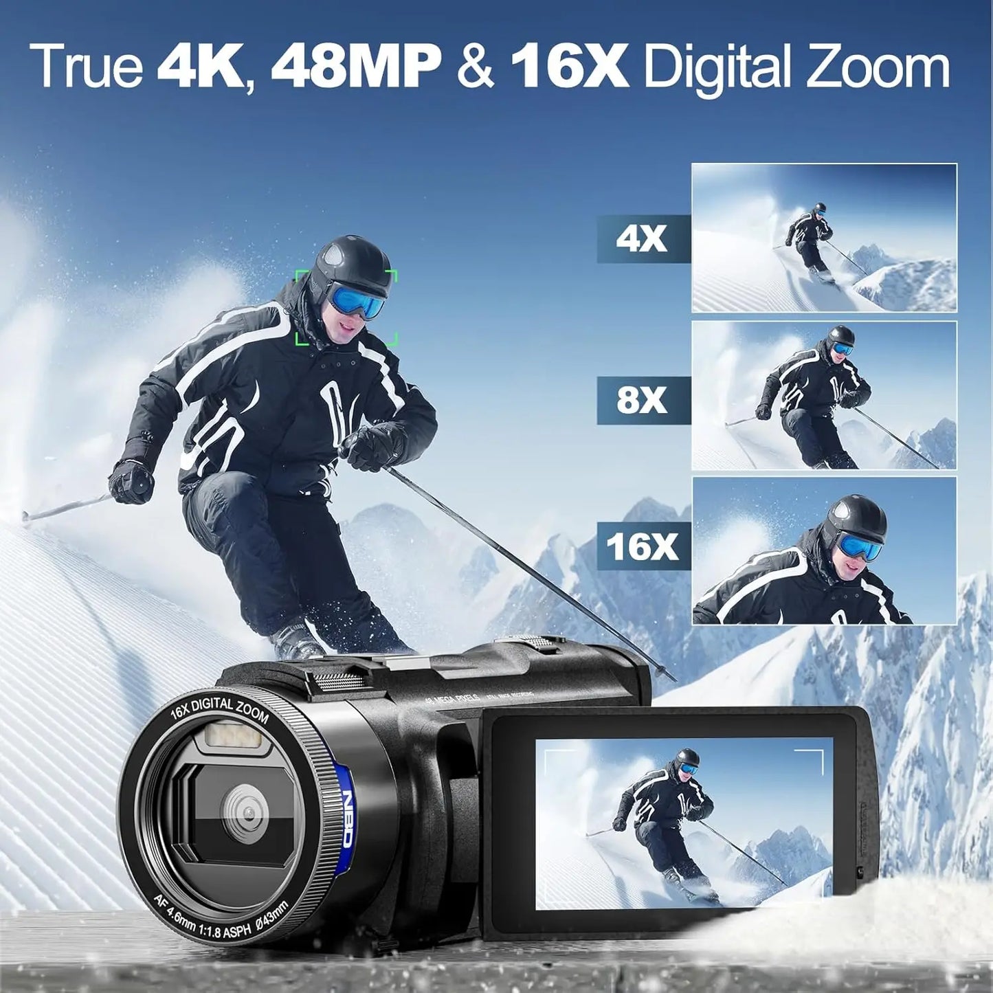 NBD 4K Camcorder Video Camera with 48MP Vlogging Camera With Wi-Fi & App Control,Video Recorder with 3X Battery Life, 16X Zoom.