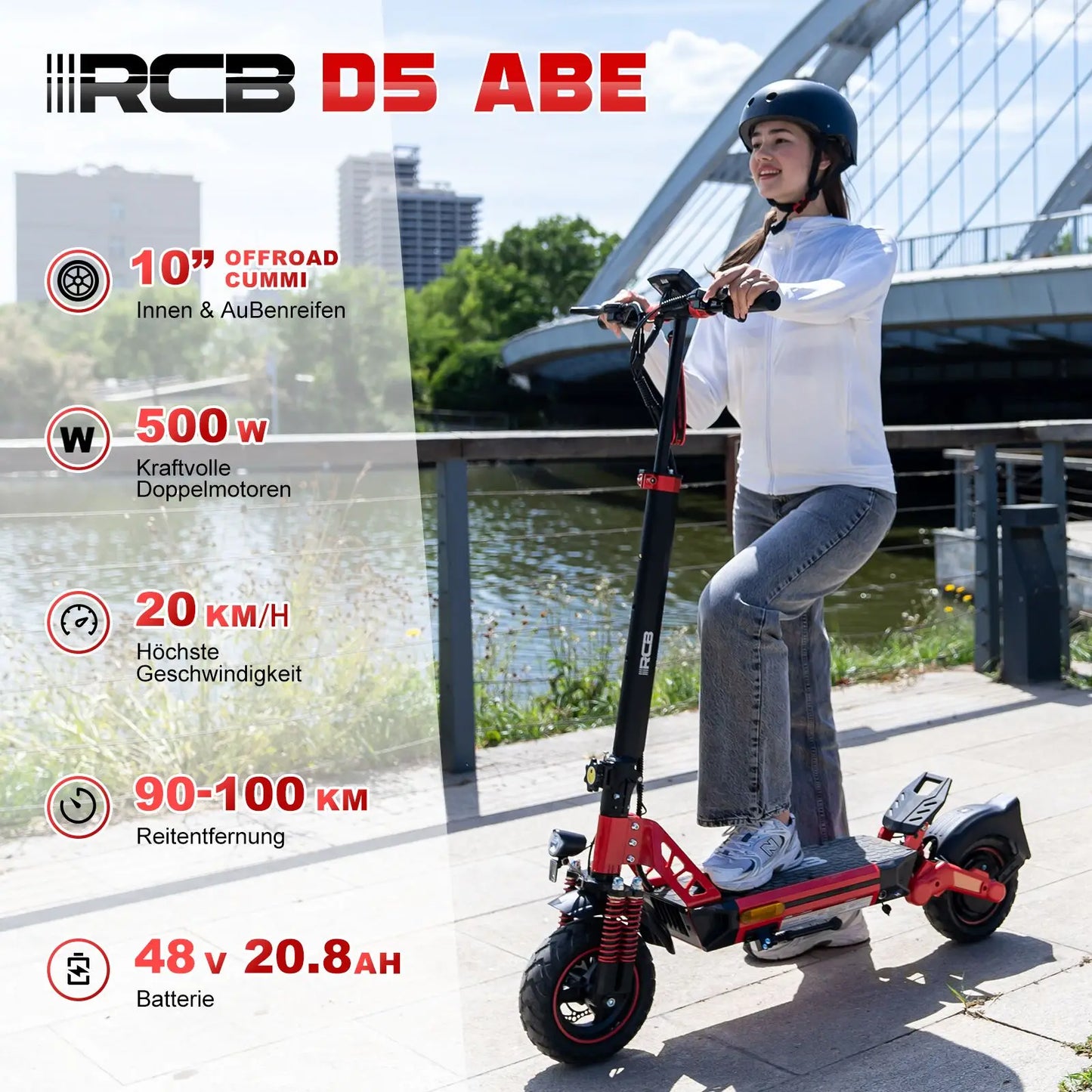 RCB Electric Scooter D5 Pro/D5 (ABE), 48V 27/20.8 Ah Battery, 500W Motor, 10“ Flatproof  Tyre, Dual Shock Absorption E Scooter.