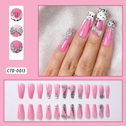 24Pcs Long Square Pink Hello Kitty False Nails French Wearable Full Cover Fake Nails Kitty Cat Bow Heart Design Press On Nails.