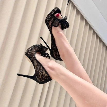 Black Lace Double Bow Peep Toe High Heels Women Sexy Round Toe Platform Stiletto Heel Slip On Party Dress Wedding Shoes.