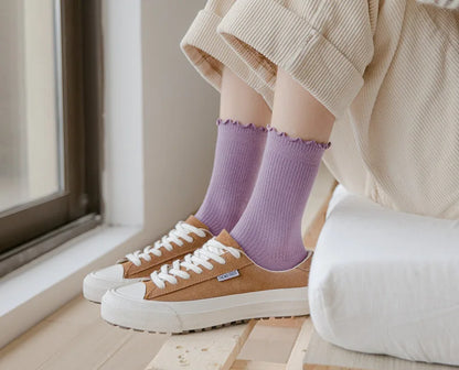 5 Pairs of Women's Solid Color Cotton Socks Japanese Style Ruffle Stacked Socks Cute Laciness Women's Long Socks.