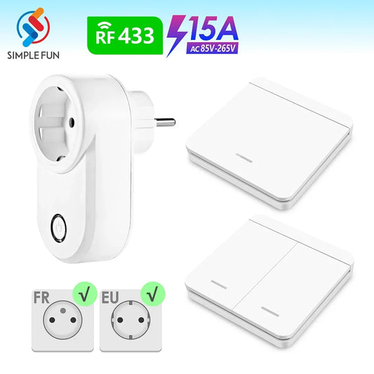 433 Mhz Drahtlose Steckdose Fernbedienung AUF OFF Smart Plug EU FR Mit Wand Schalter Steckdose 15A 220 V für Home Appliance Licht Fan.