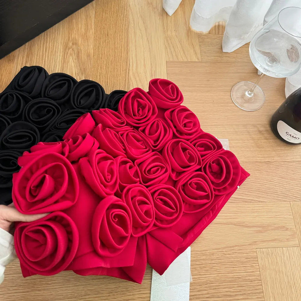 Three-dimensional decoration floral shorts y2k High street Red High waist mini skirt shorts Design Sexy  Women Clothing ﻿.