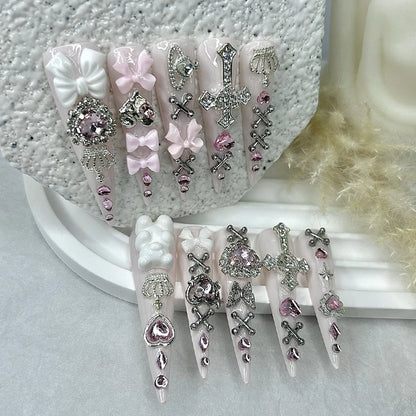 10PCS Y2K Pink Jirai Cute Long Handmade Press On Nails Shibuya Gyaru Bow Heart Cross Diamond Crown Stiletto Fake Nails Nail Art.