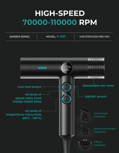 VGR Hair Dryer Professional Hair Dryer Machine Hot and Cold Adjustment Air Blower Brushless Motor 110000 RPM Barber Salon V-401