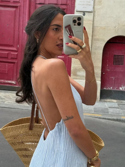 Sexy frauen Einfarbig Gefaltete Lange Kleid Elegante Ärmellose Hosenträger Backless Slim Fit Kleider Strand Party frauen Robe.