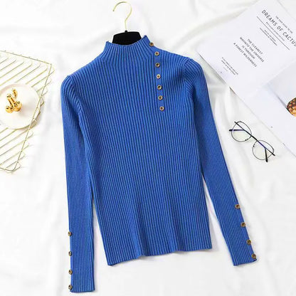 2023 frauen Herbst Gestrickte Dünne Pullover Solide Strickte Weibliche Baumwolle Weiche Elastische Farbe Pullover Taste Volle Hülse Rollkragen