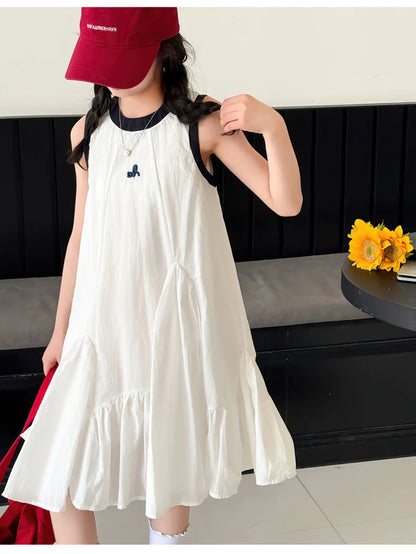 Neues Sommer-Mädchen-Prinzessinnenkleid für Kinder, ärmelloses Kleid mit Rüschen, Design-Kleider für Teenager, Kinder, lässiges Urlaubs-Strandkleid