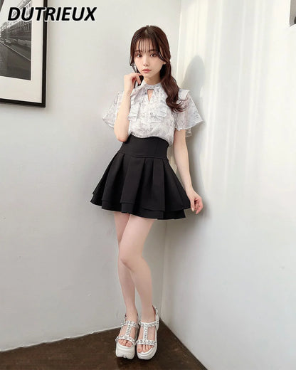 Japanese Lolita Black Skirts Women 2025 Spring Autumn New Radian Waistline Slim Short Pleated Skirt Female Mini Skirt Culottes