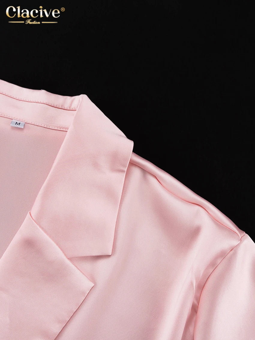 Clacive Fashion Loose Pink Satin Pants Sets For Women 2 Pieces Elegant Long Sleeve Shirt With High Waist Wide Trousers Suits.