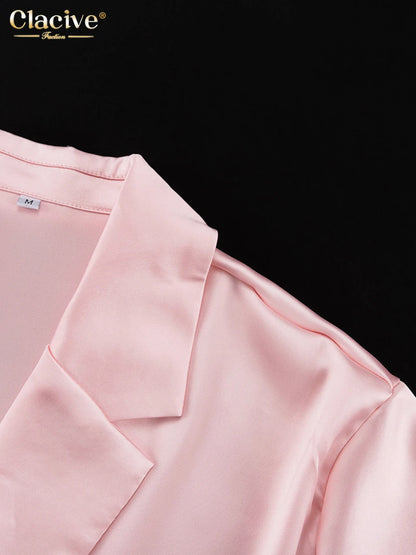 Clacive Fashion Loose Pink Satin Pants Sets For Women 2 Pieces Elegant Long Sleeve Shirt With High Waist Wide Trousers Suits.