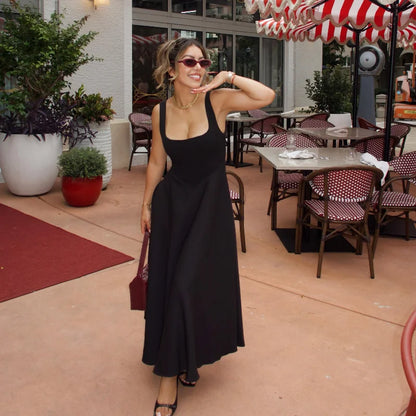 Schwarzes A-Linien-Langkleid für Damen, elegant, quadratischer Ausschnitt, plissiert, ärmellos, Sling-Maxikleider, 2025, Sommer-Dame, Urlaub, Party, Roben