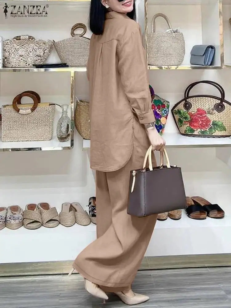 ZANZEA Fashion Women Casual Trousers Suits 2PCS Autumn Long Sleeve Blouse Solid Wide Leg Pants Sets Loose Work Tracksuit Outifit.