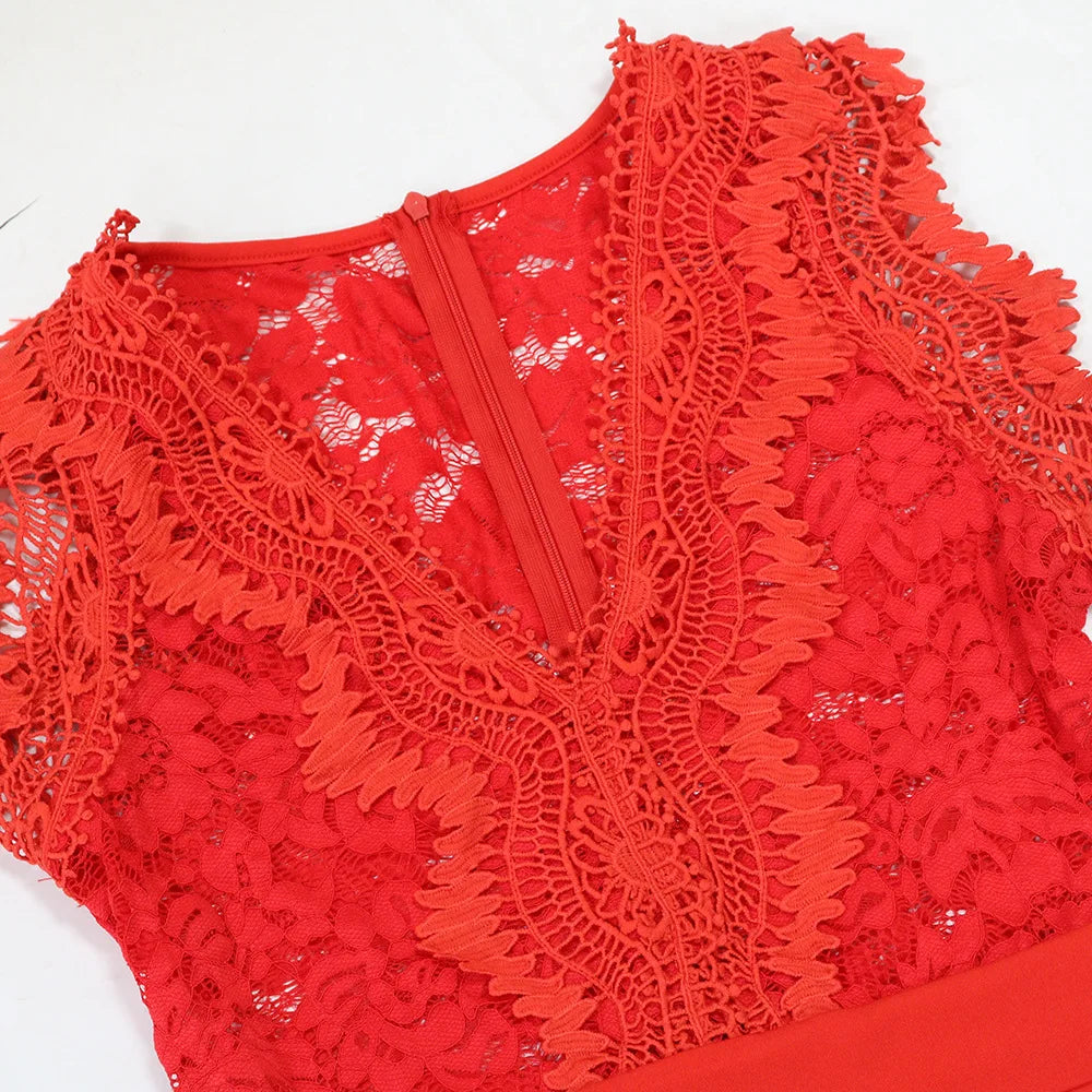 Women's Sexy Sleeveless Lace Patchwork Jumpsuits Solid Color Hollow Out Belted Wide Leg Rompers.