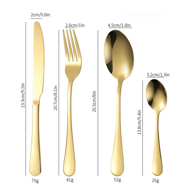 24pcs Golden Tableware Set Light Luxury Stainless Steel Cutlery Fork Knife Spoon Dinnerware Set Minimalist Decor with Gift Box.