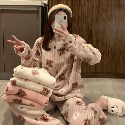 Winter-Damen-Pyjama-Homewear-Anzug, neues warmes Set aus Korallen-Fleece für Herbst und Winter, bequemer warmer Pyjama-Homewear-Anzug