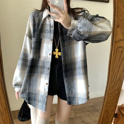 Zjaiss Women Thick Woolen Plaid Blouse Loose Long Sleeved Tops 2025 Autumn Winter New Casual Shirt Long Shirts