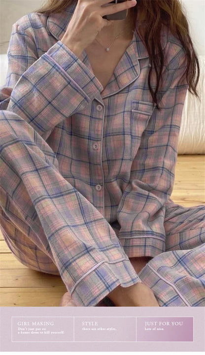 Pajamas Female Autumn and Winter Long-Sleeved Sweet Homewear Two-Piece Tide Cardigan Lapel Plaid Homewear 1.