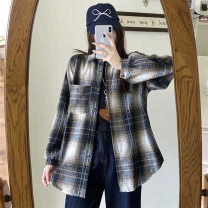 Zjaiss Women Thick Woolen Plaid Blouse Loose Long Sleeved Tops 2025 Autumn Winter New Casual Shirt Long Shirts