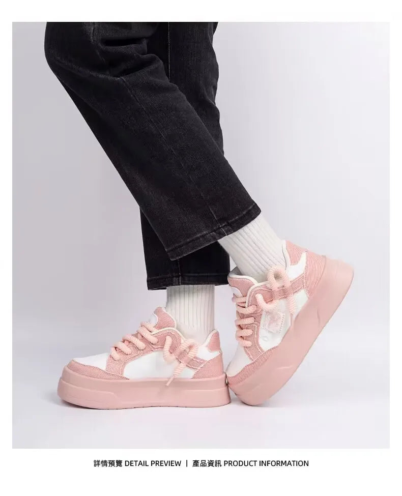 Autumn New Thick Soled Pink Women's Shoes, Wide Toe Versatile Casual Shoes, Round Toe Height Increasing Fashionable Board Shoes.