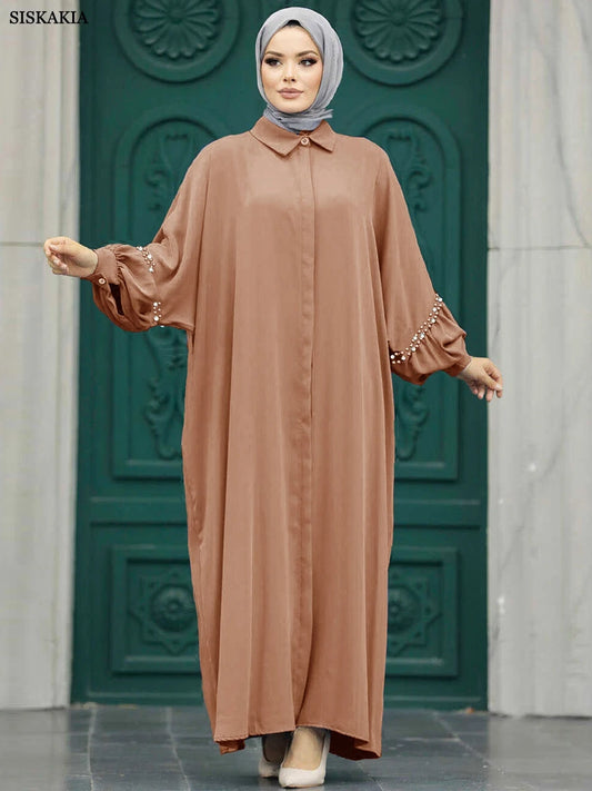 Siskakia Solid Muslim Woman Elegant Beaded Cardigan Long Dress With Loose Batwing Sleeve Moroccan Dubai Saudi Kebaya Robe  2024.