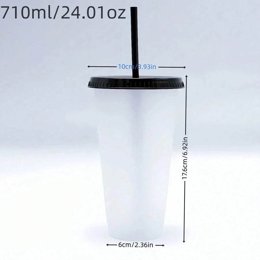 5pcs 24oz Transparent Reusable Tumblers With Black Lids and Straws Iced Coffee Water Bottle Cold Smoothie Cups For Parties Drink.