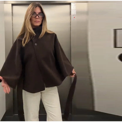 Damenmantel, kurze Cape-Mäntel für Damen, Gürtel, Mäntel aus Kunstwolle und Mischungen, Herbst-Winter, feste Mäntel, elegante Umhangjacke für Damen