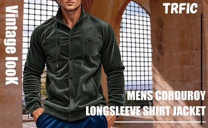 Men's Corduroy Jacket Stand-up Collar Slim Fit Retro Multi-pocket Workwear Commuter Coat for Spring And Autumn