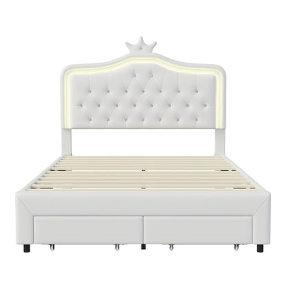 Rosahqnda Kinderbett, gepolsterter Bettrahmen, Krone, Kopfteil, Schubladenschrank, verstellbare Kopfteil-Lederoberfläche