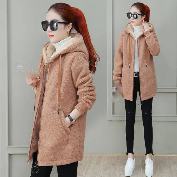 Damen verdickte Fleece-gefütterte mittellange Kapuzenjacke Winter neuer Reißverschluss-Cardigan-Mantel Lässige koreanische Lammwolljacke weiblich.