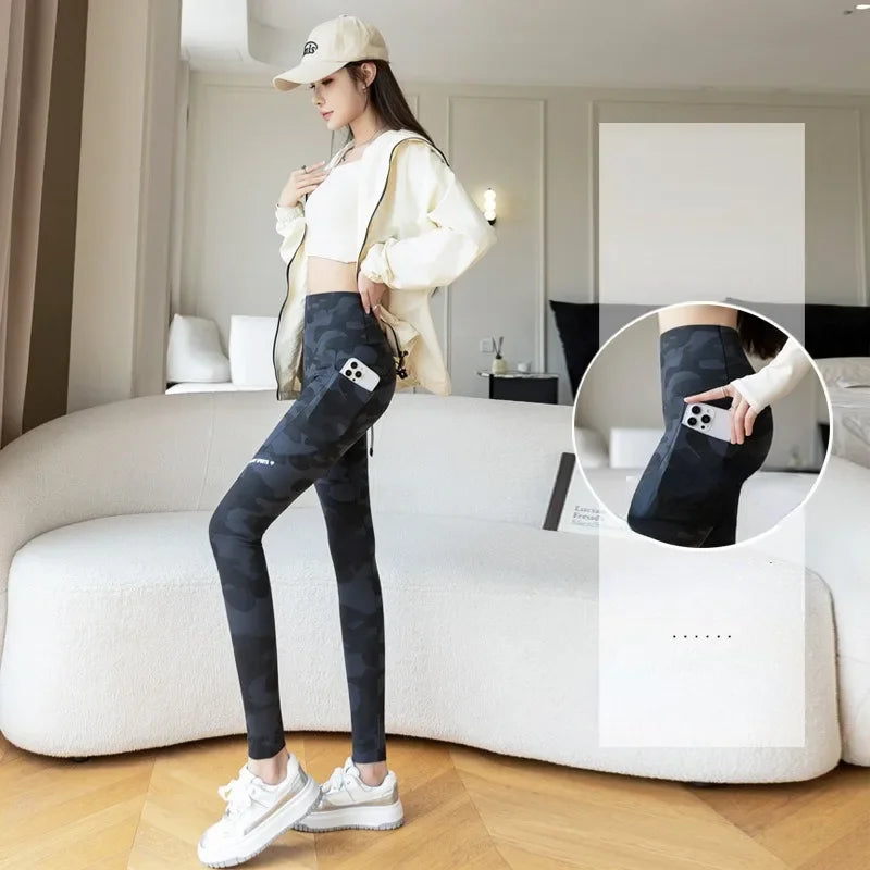 Women Camo Shark Pants High Waist Pocket Leggings Big Size Stretchy Casual Pants Fashion Skinny Yoga Fitness Pants.