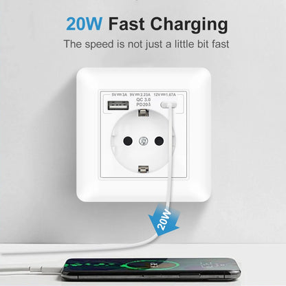 SRAN USB-Wandsteckdose, 20 W, schnelles Laden und 5 V, 2 A, EU-Standard, 82 x 82 mm, flammhemmendes PC-Panel, USB-Typ-C-Kombination.