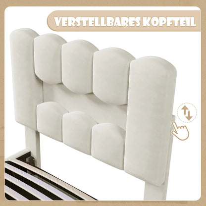 Modernes Polsterbett, 90 x 200 cm, ohne Matratze, LED-Beleuchtung, mit hydraulischem Gerät, verstellbarer Kopfteil, Samt, Grau