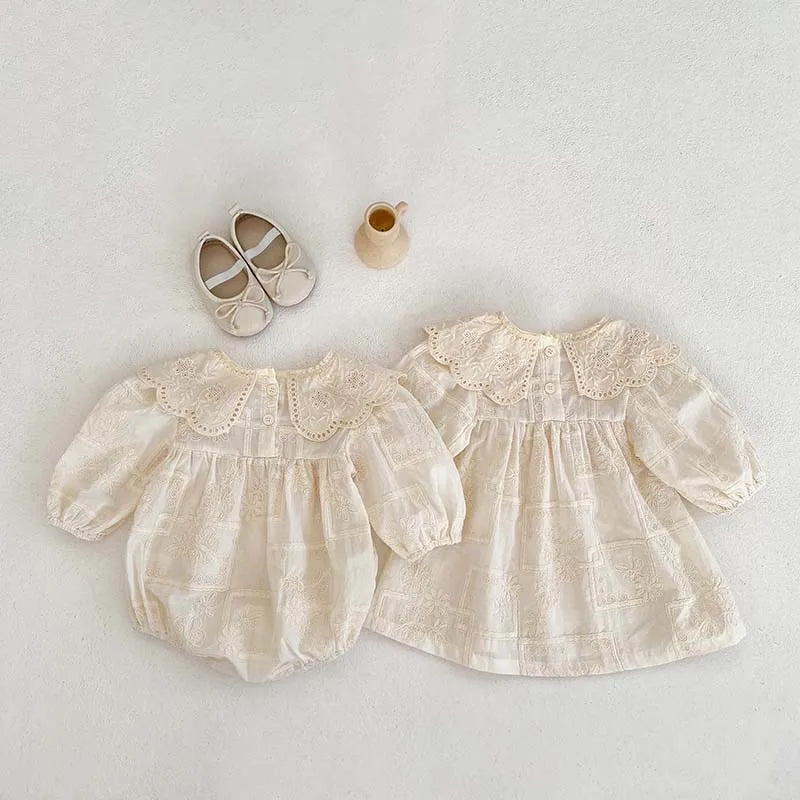 Frühling Baby Body Schwestern Kleid Blume Stickerei Kleid für Kleinkind Mädchen Kleinkind Outfit