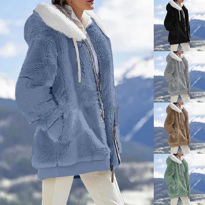 Herbst Winter Mode Damen mantel neue lässige Kapuze Reiß verschluss Dame Kleidung Kaschmir weibliche Fleece jacke einfarbige Damen mäntel