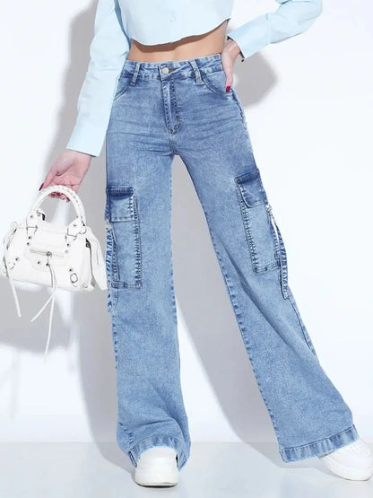 Women's Washed Utility Jeans with Multiple Pockets - Stylish and Practical Denim Pants for Everyday Wear.