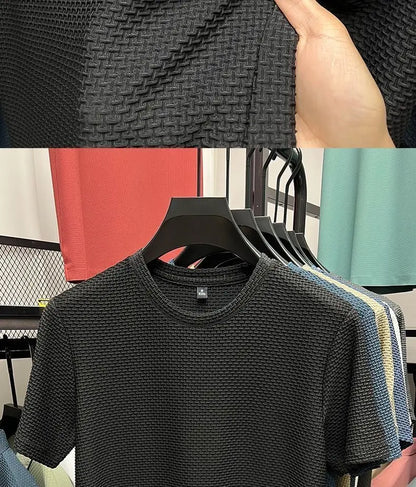Summer Mesh Ice Silk T-shirt Men's Short Sleeve Round Neck 2023 New Half Sleeve Men Thin Solid Color Tees Top.