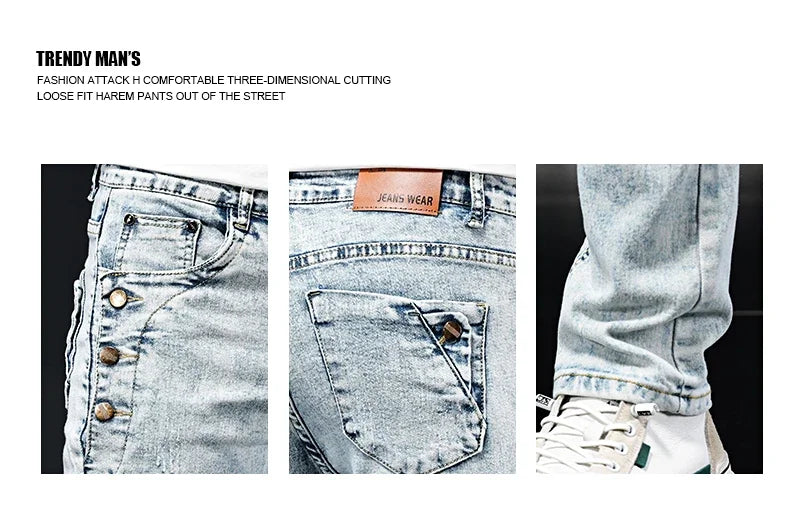 Slim Skinny Jeans Men New Elastic Korean Design Fashion Multi-Button Blue White Vintage Wash Cotton Stretch Denim Pants Trousers.