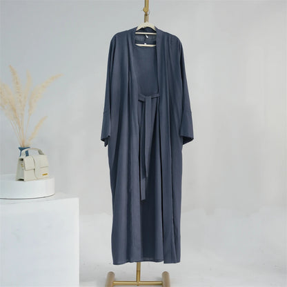 Eid Summer Cotton Linen Kimono Coat Dubai Open Abaya 2024 Muslim for Women Set Retro Kaftan Modest Dresses Islam Clothing Kebaya