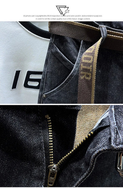 Tapered Jeans for Men's Clothing Autumn New Fashion Embroidered Korean Harem Pants Casual Stretch Black Denim Trousers.