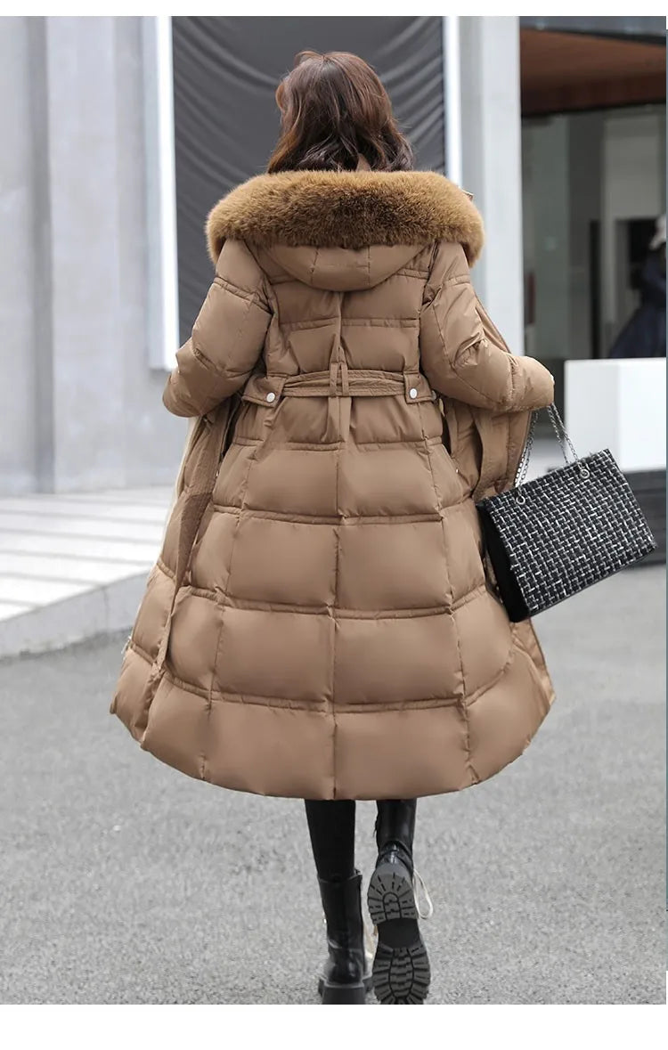 2024 neue Winter frauen Gepolsterte Jacken Mid-länge Modische Mit Kapuze Große Pelz Kragen Lose Dicke Unten Baumwolle Oberbekleidung damen.