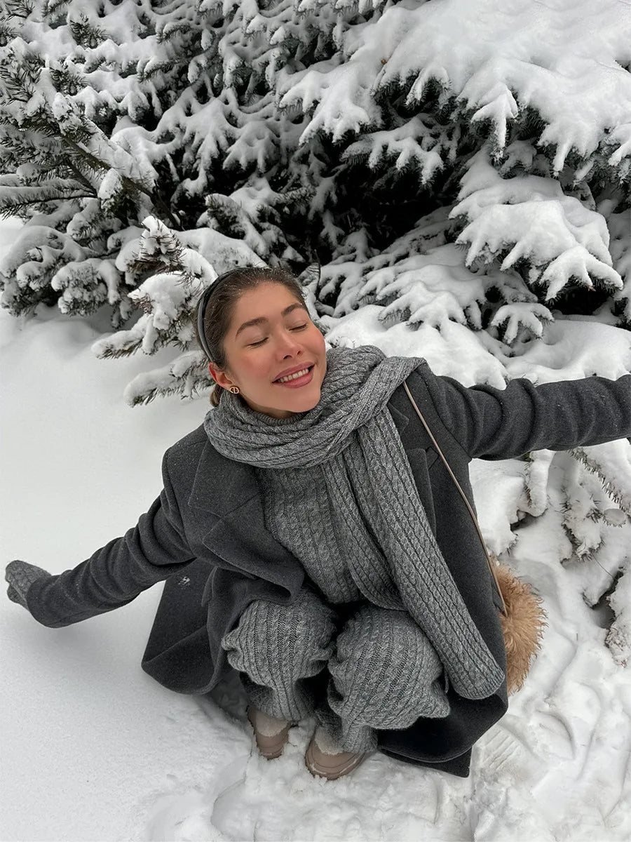 Bornladies Herbst Winter Mode frauen Neue Zopfmuster Pullover Breite Bein Hosen Set Weiche Wolle Mischung Lose Fit High Neck Pullover