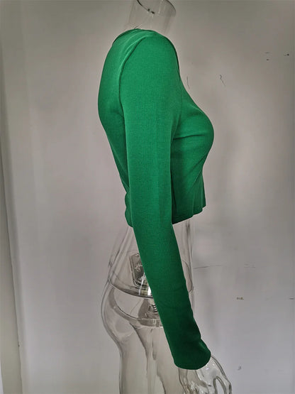 Autumn Winter Ribber Knitted T Shirts Women Green Spring Cut Out White Basic Long Sleeve Crop Tops Casual Tees.