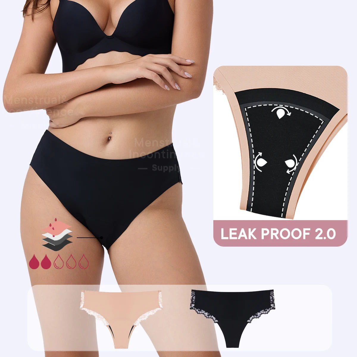 Women Period Panties 4-Layer Leakproof Lace Cheeky Brief High Absorbency Reusable Breathable Menstrual Panties.