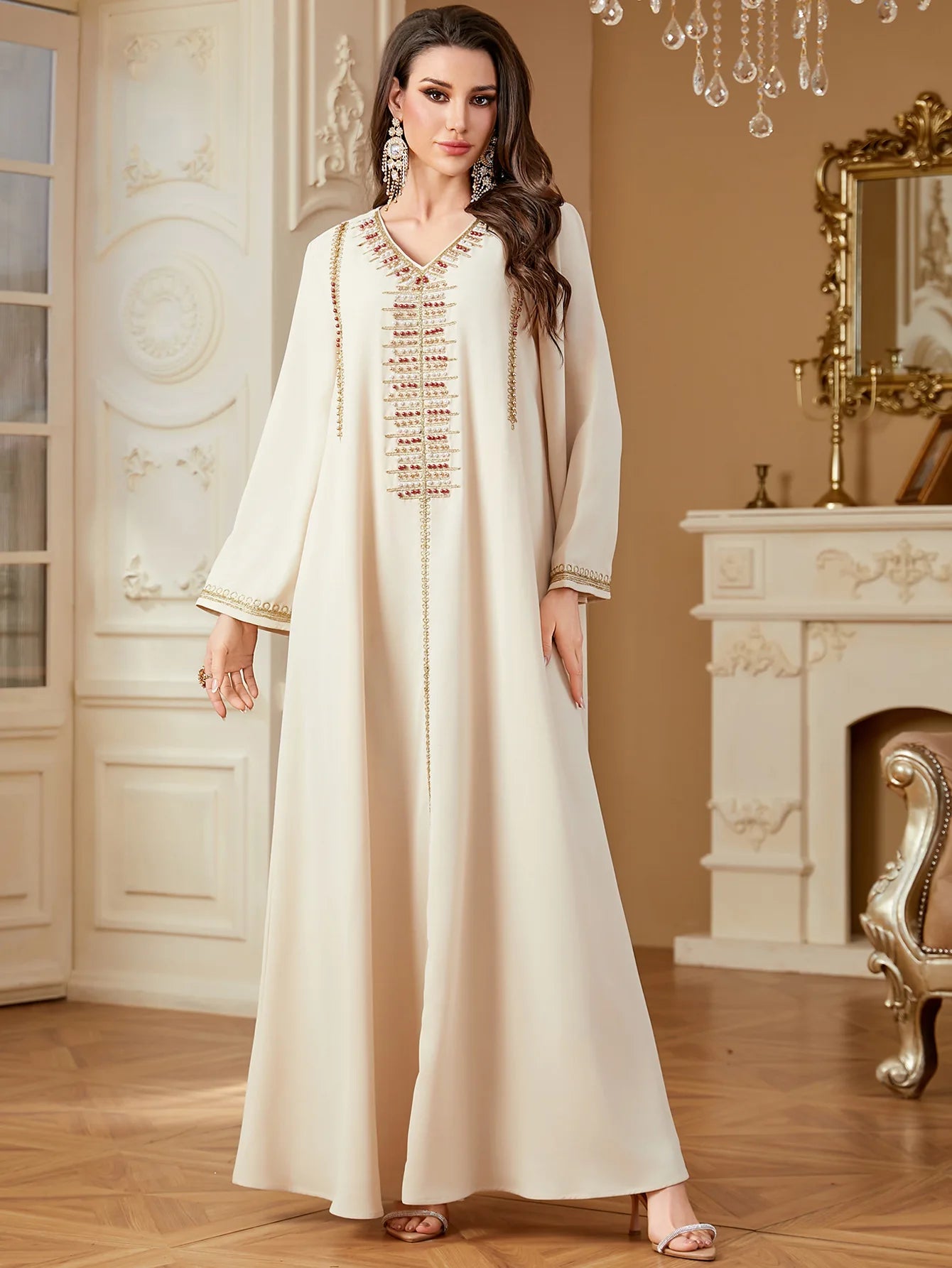 Elegant V-Neck Beading Embroidery Abaya For Muslim Woman 2025 Casual Loose Moroccan Saudi Dubai Kuwait Morocco Stylish Kebaya.