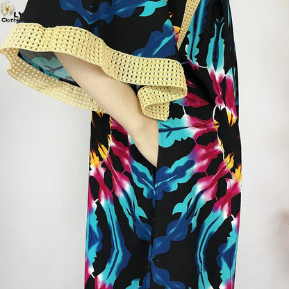 New Muslim Dress Woman Short Sleeve Dashiki African Abaya Tie-dyed Printing Cotton Loose Femme Robe Islamic Dresses With Scarf.