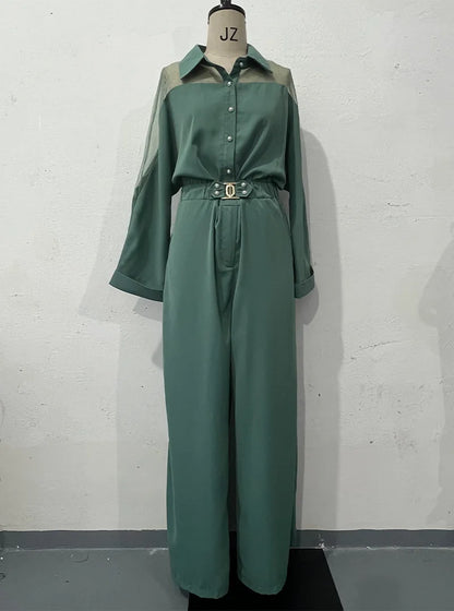 Jumpsuit Full Sleeve Turn Down Collar Office Lady Buttons The Waist Jumpsuits for Women 2024 One Piece Wide Leg Pants Rompers.