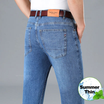 Brand Men's Fashion Summer Thin Jeans Comfortable Stretch Cotton Business Straight Casual Denim Pants Light Gray Blue Pants
