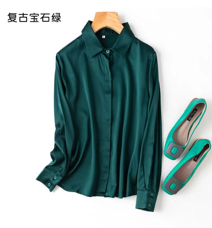 Tajiyane Damen-Langarmshirt aus 93 % Maulbeerseide, 7 % Elasthan, 19 Momme, Satin-Seidenknöpfe, Oberteil, Bluse, Büroarbeit, Chemise Femme